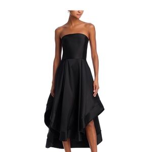 Aqua Formal Mikado Strapless Midi Gown. Sophisticated Black Strapless Gown. 2